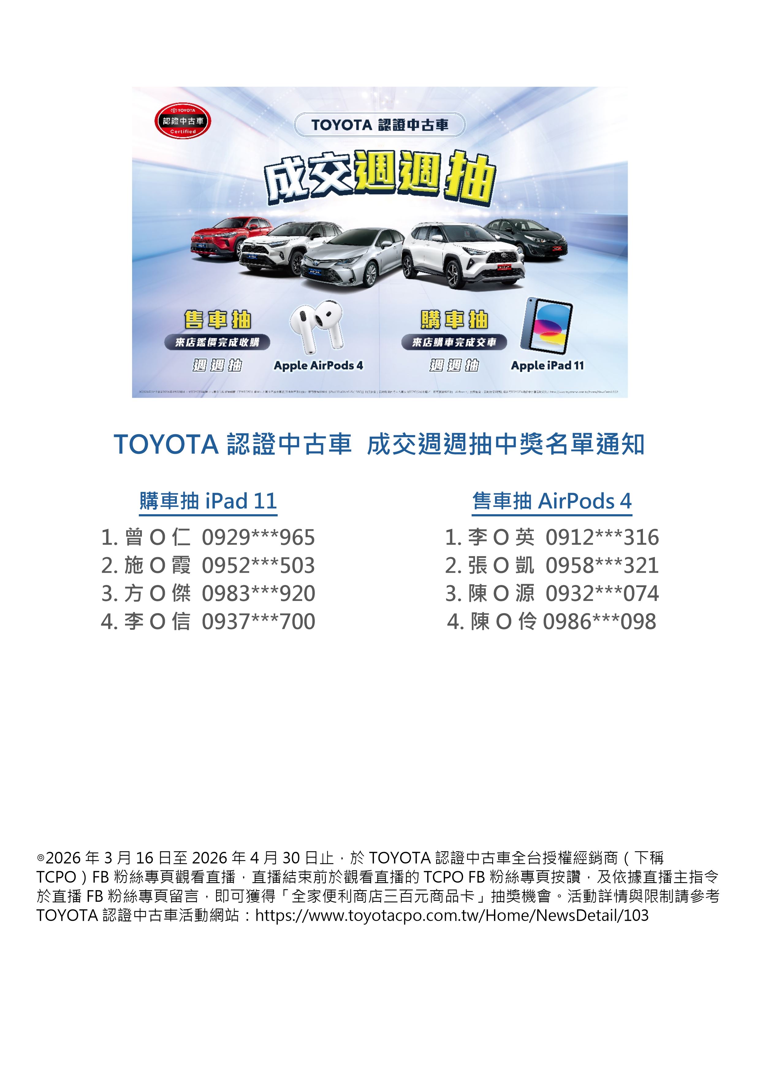 TOYOTA認證中古車「好禮週週抽～購車抽iPad 11｜售車抽AirPods 4」中獎名單通知